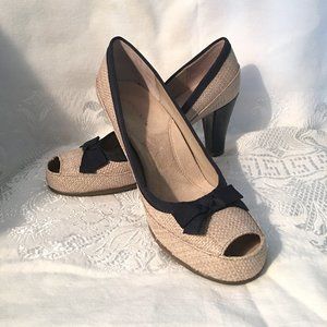 Aerosoles Benefit Raffia Black Trim Peep Toe Pumps Shoes 9.5 M